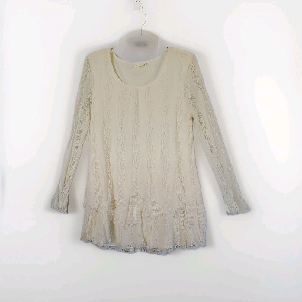 Indigo Soul Top Womens Large Ruffle Tunic Cream Lace Layered Long Sheer Sleeves